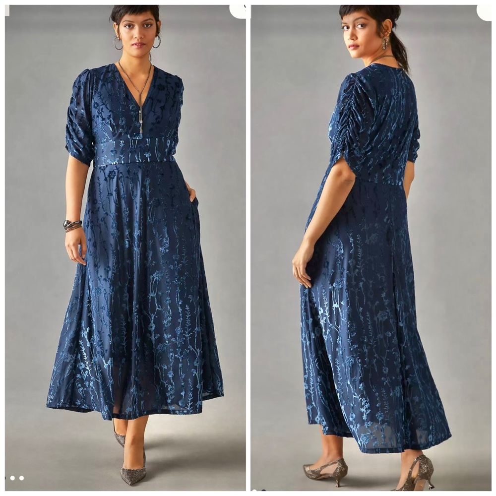 ANTHROPOLOGIE Hutch Puff-Sleeve Burnt Velvet Midi Dress Size 18W NWT